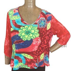 BILA Woman BOHO Hippie Colorful Mixed Media Top Tie Dye Floral Beaded XL 255E